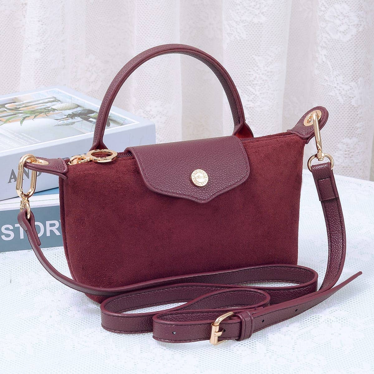 SD781 Penny Suede Mini Crossbody Bag: Burgudy