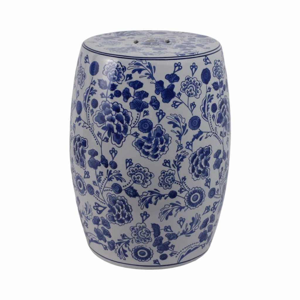 Stool - Blue Ceramic Elegant Hydrangea Chinoiserie, 18 in.