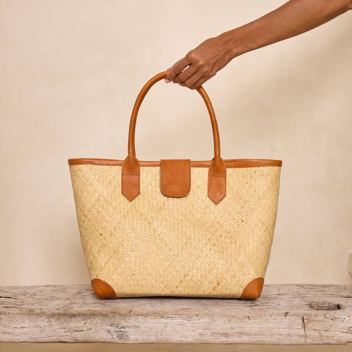 Ivory Rattan Tote with Rolled Leather Handle