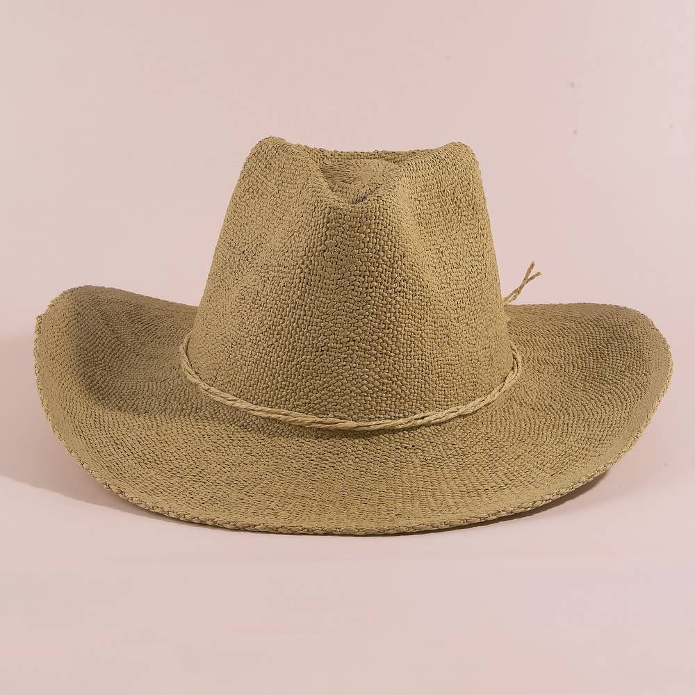 Paper Straw Braided Cord Band Cowboy Hat: KA