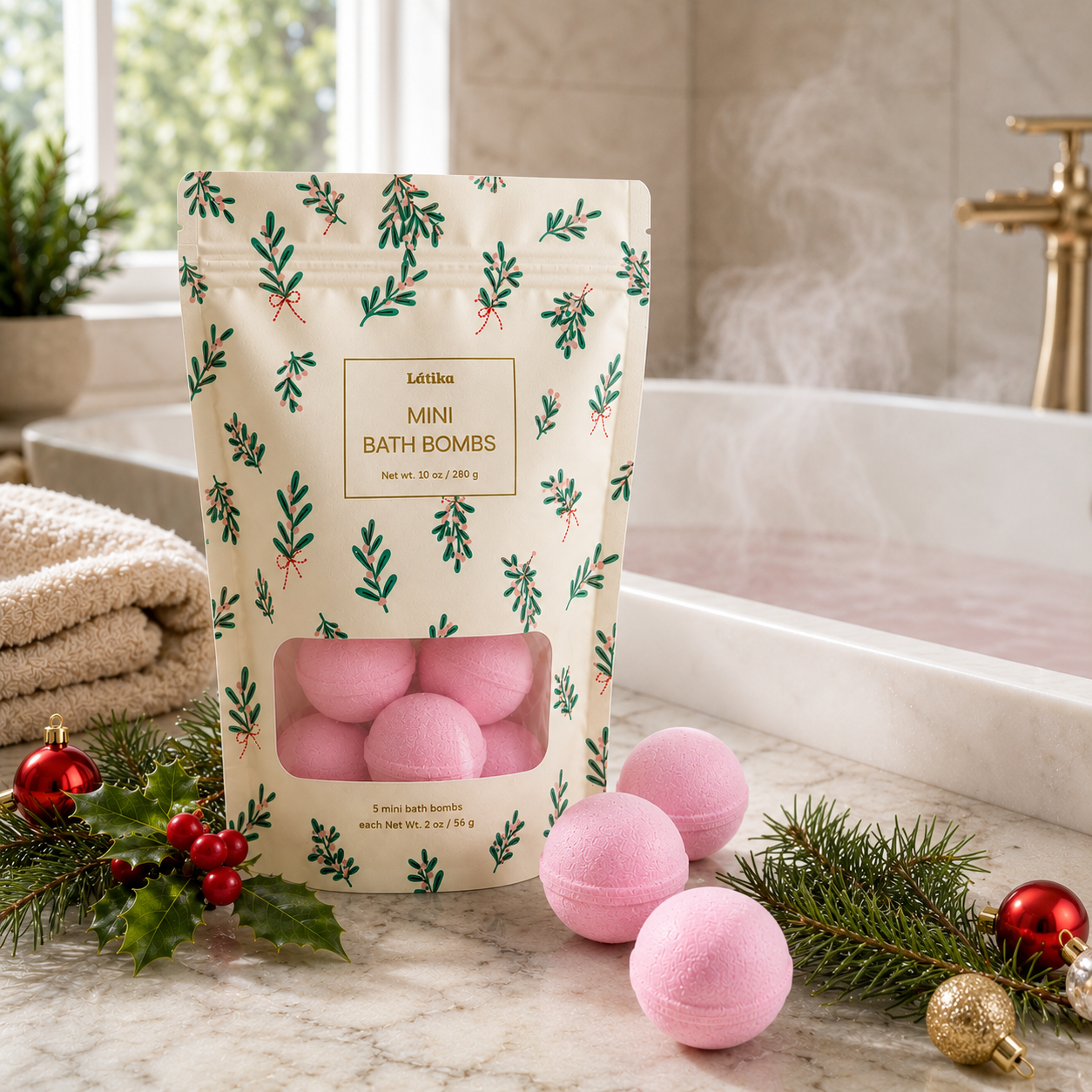 Mini Bath Bombs Gift Bag - Christmas holly -  Cranberry Fizz