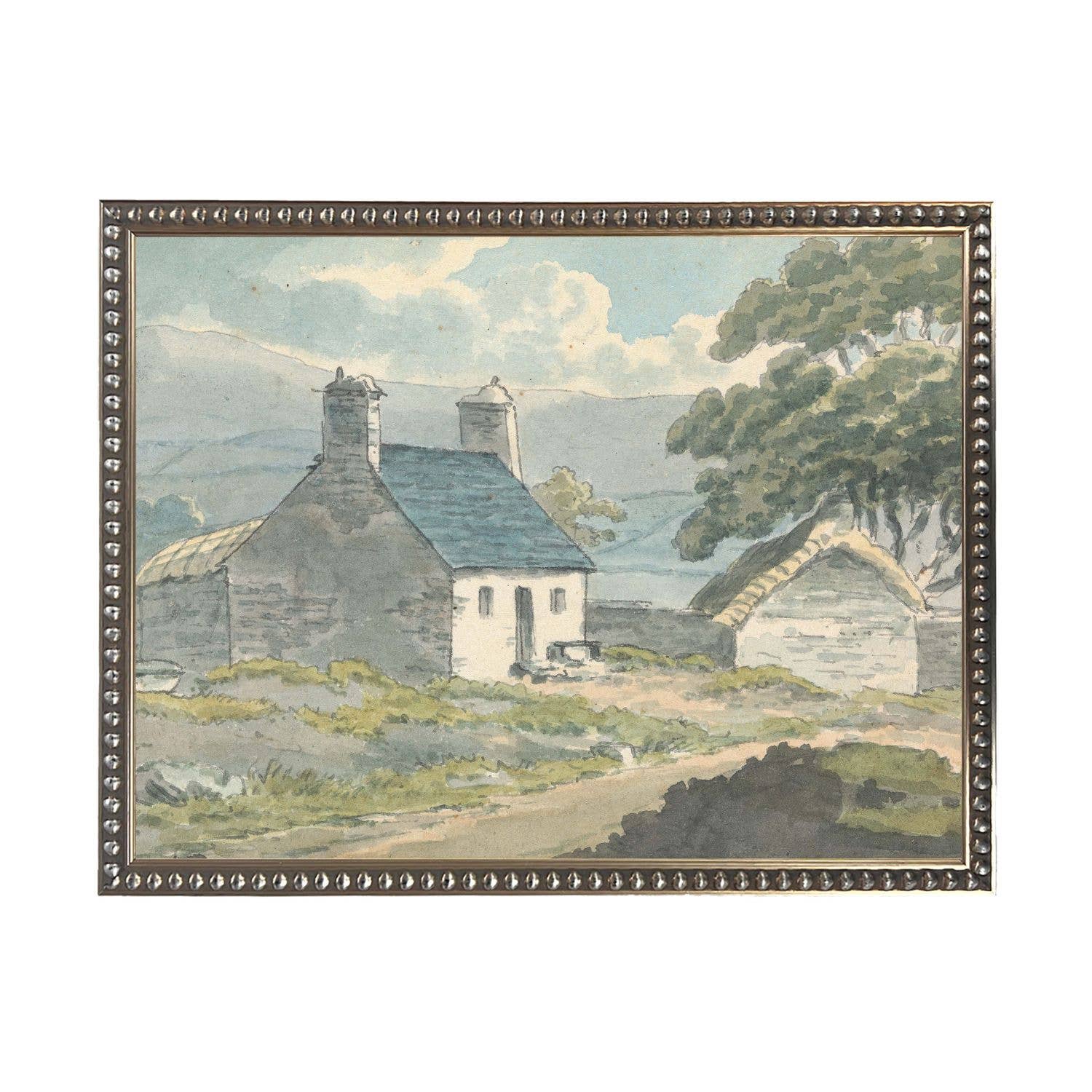 Watercolor hillside barn and house landscape: Black With Bead 1300-905 U / 24" X 18"