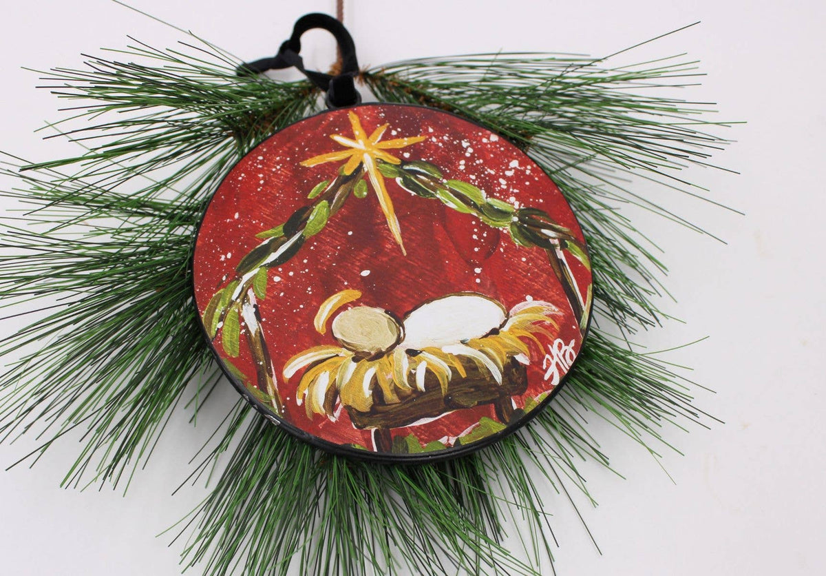 6IN METAL DISC ORN MANGER RED