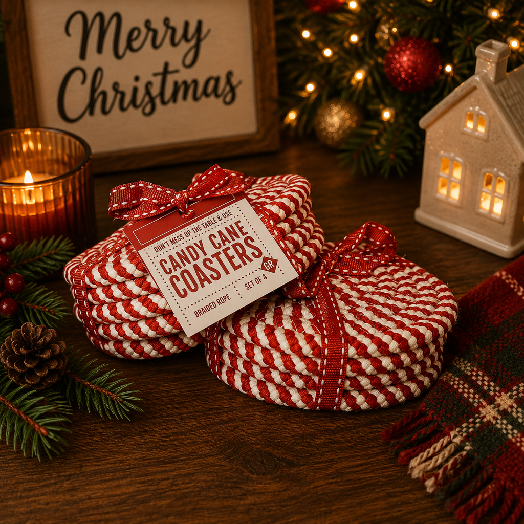 Christmas Coasters, Red Candy Cane Braided Cotton Gift Sets: Green-4pk