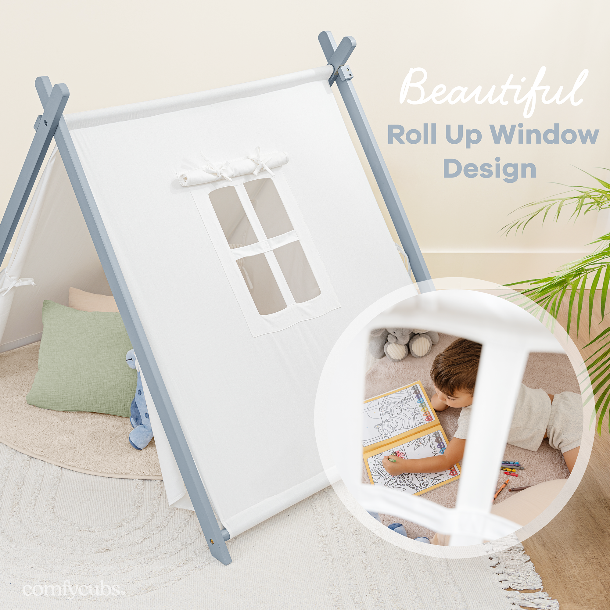 Kids Play Tent, Indoor Canvas Play Tent by Comfy Cubs: Natural Wood