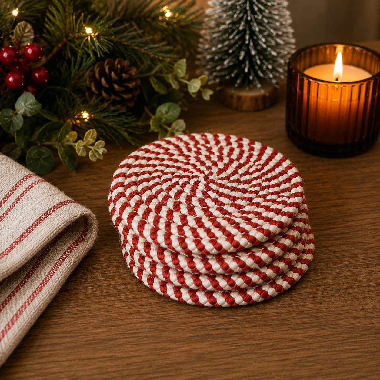 Christmas Coasters, Red Candy Cane Braided Cotton Gift Sets: Red-4pk