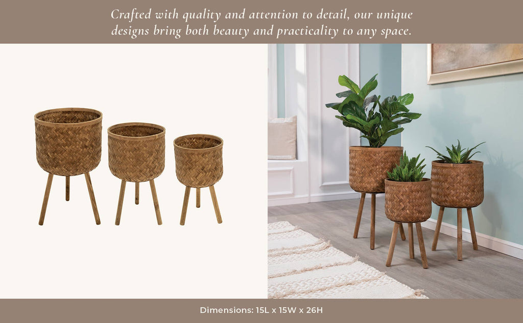 Planter Set of 3 - Brown Bamboo Wood Wicker, 11/13/15 in.