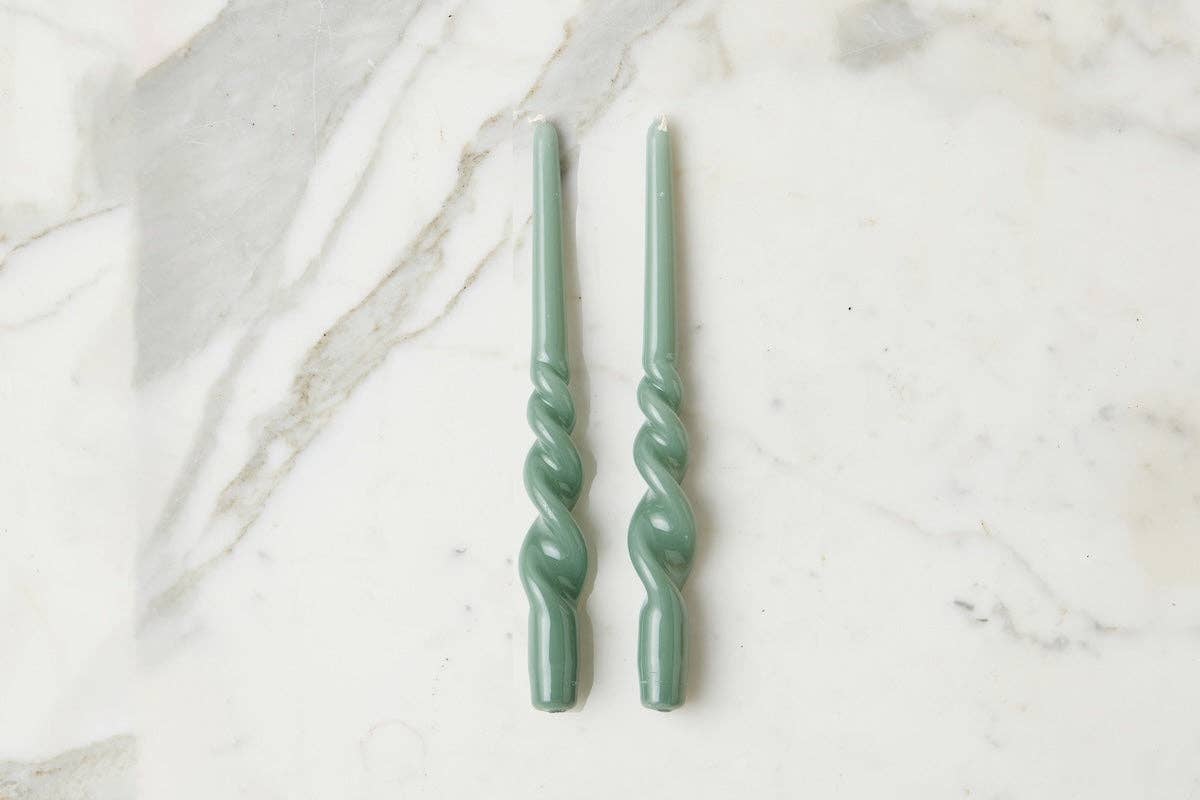 Lacquered Tall Twisted Taper Candles, Sage, Set of 2