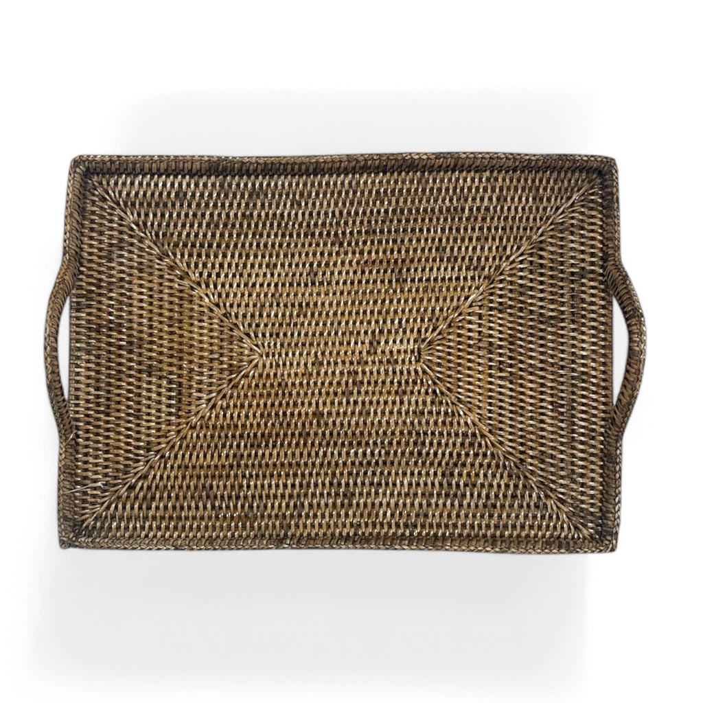 Rattan Tray with Loop Handles and Glass Insert : Brown / Large
