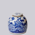 Blue & White Porcelain Bird & Flower Med. Round Storage Jar