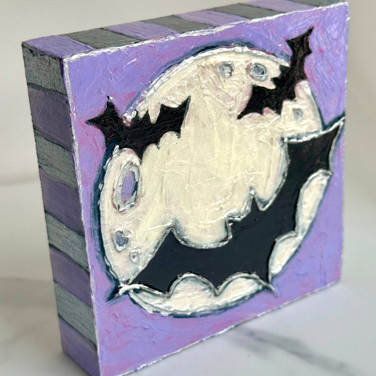 Halloween Bats and Moon Textured Handpainted Wood Block Art