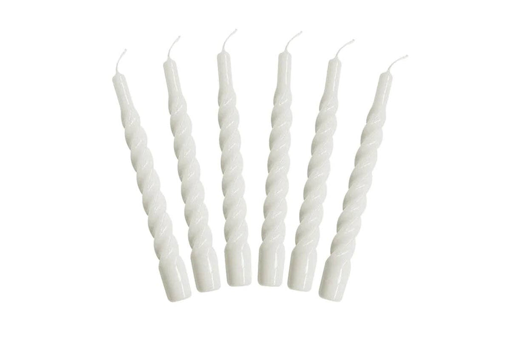 Lacquered Twisted Taper Candles, White, Boxed, Set of 6
