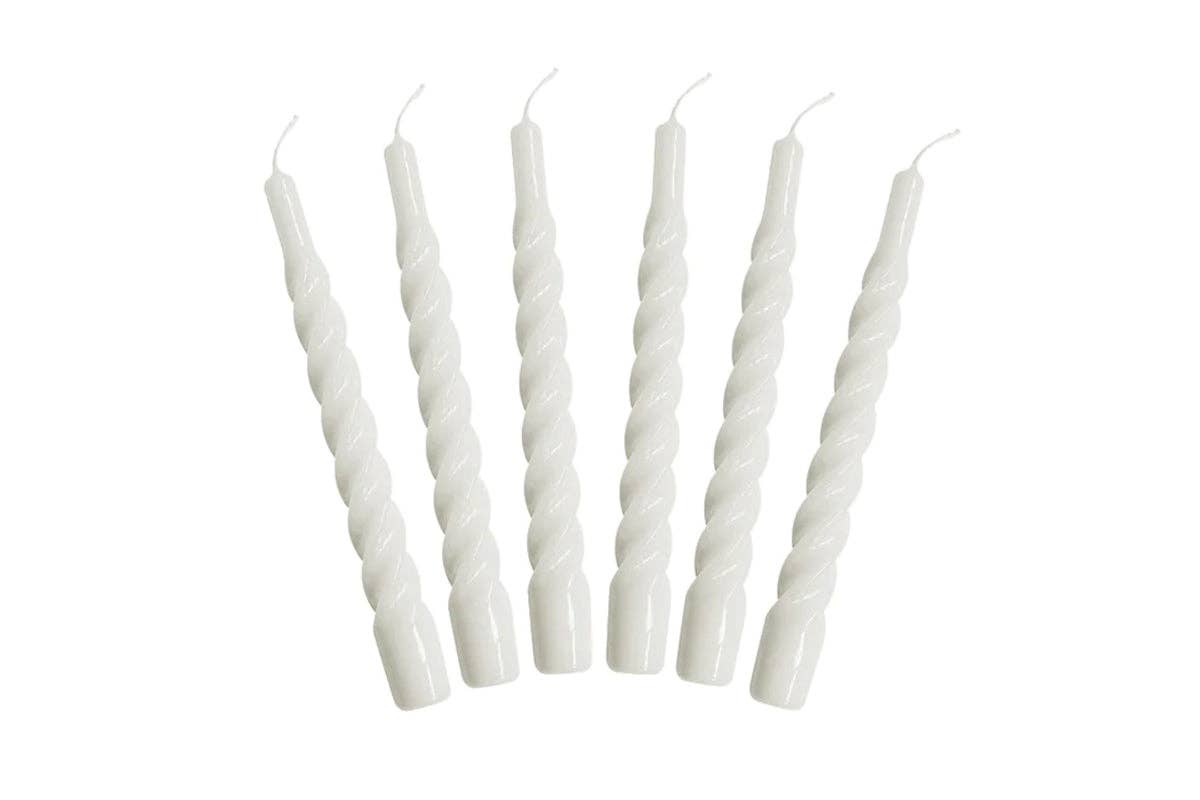 Lacquered Twisted Taper Candles, White, Boxed, Set of 6