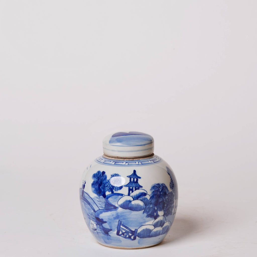 Blue and White Porcelain Landscape Round Storage Jar