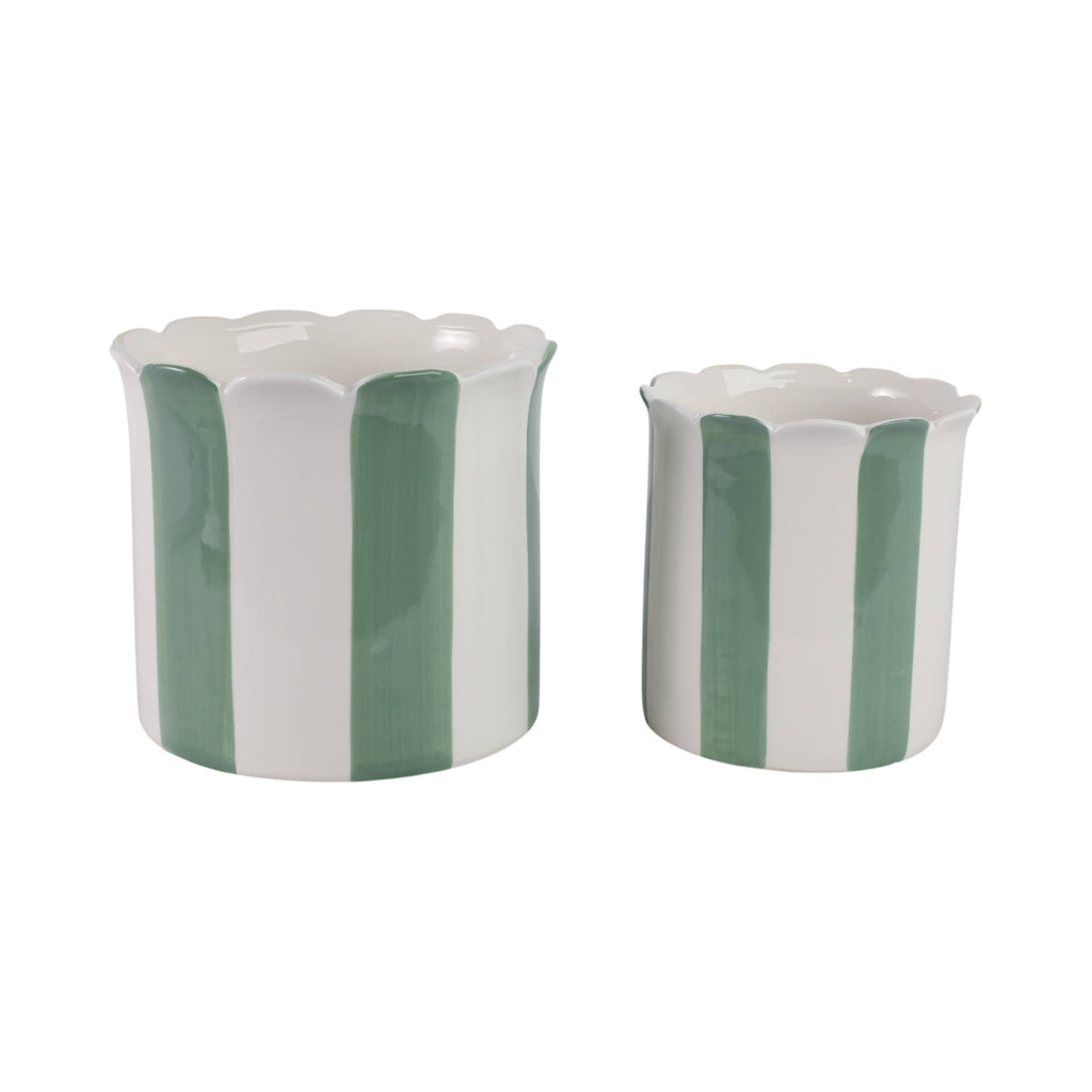 Planters  - Green/White Ceramic Striped, 6 in
