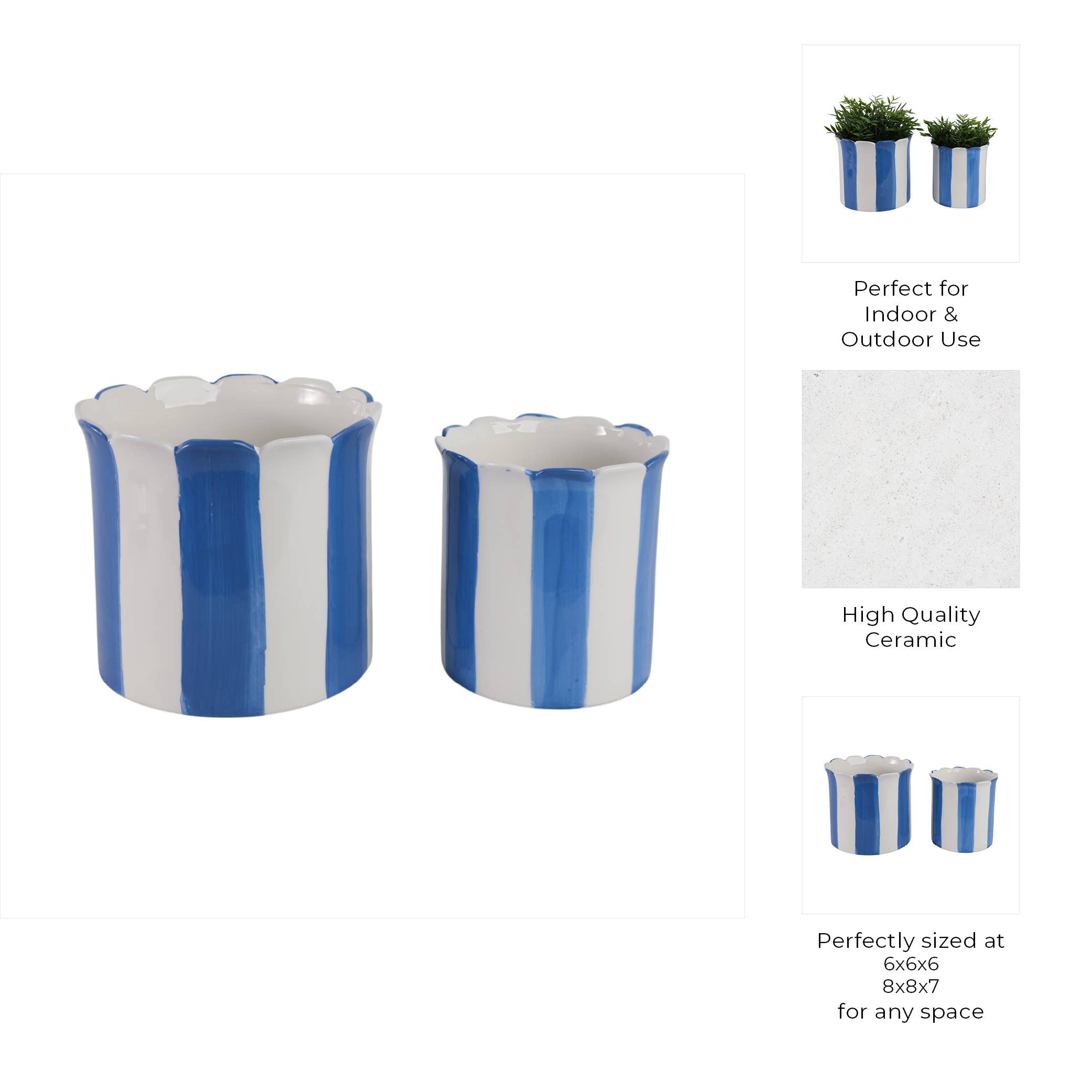 Planters  - Blue Ceramic Striped Scallop, 6"