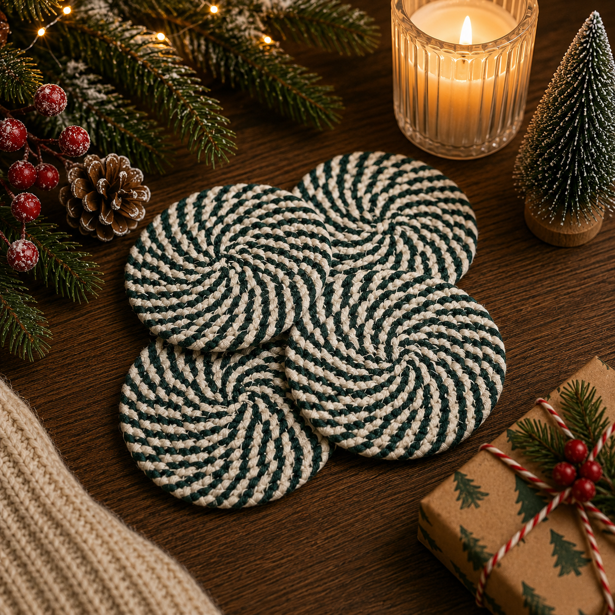 Christmas Coasters, Red Candy Cane Braided Cotton Gift Sets: Red & Green-4pk