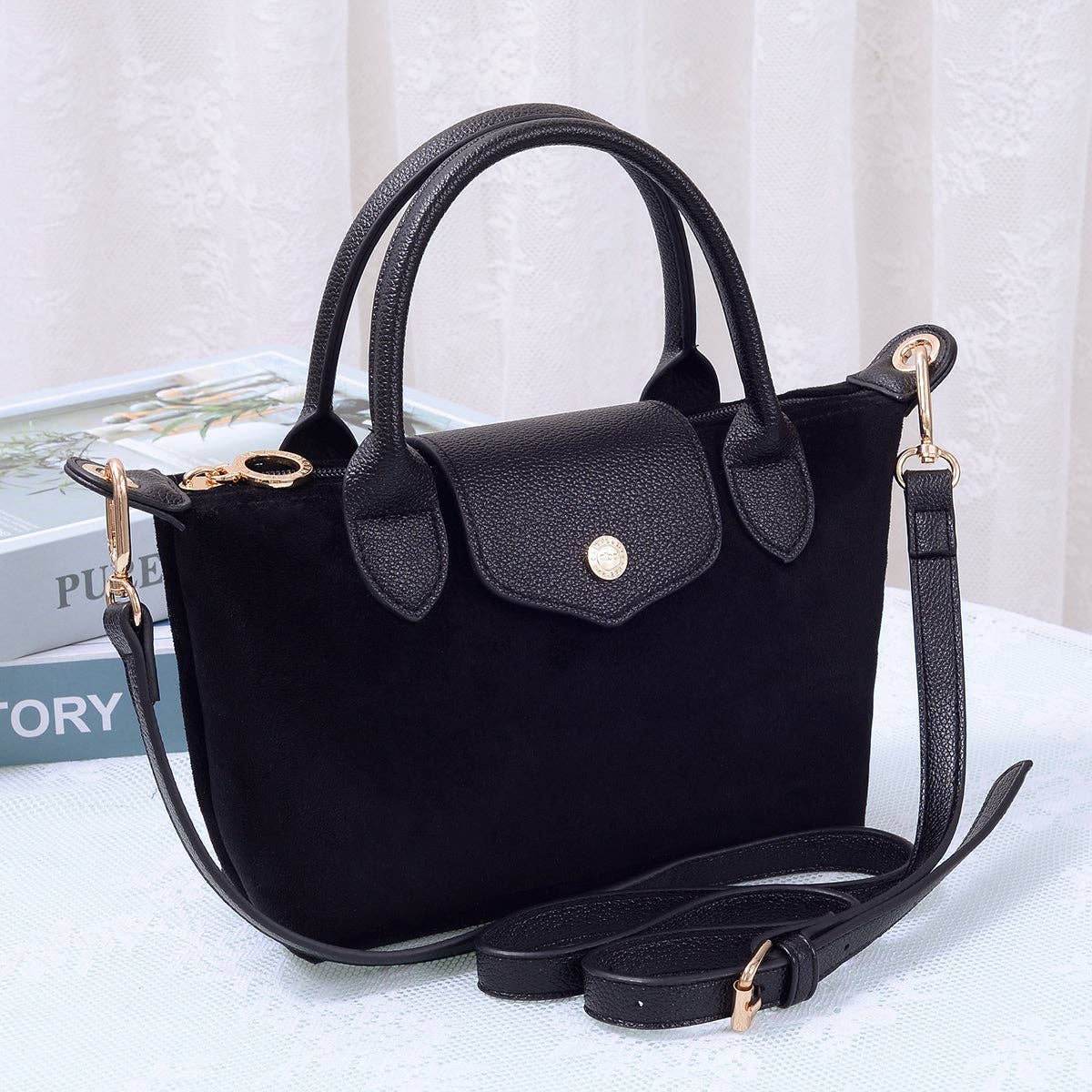 SD782  Britney Suede Double Handle Crossbody Bag: Black