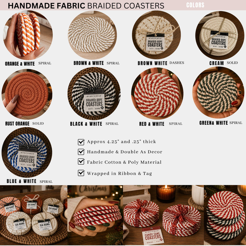 Christmas Coasters, Red Candy Cane Braided Cotton Gift Sets: Red & Green-4pk