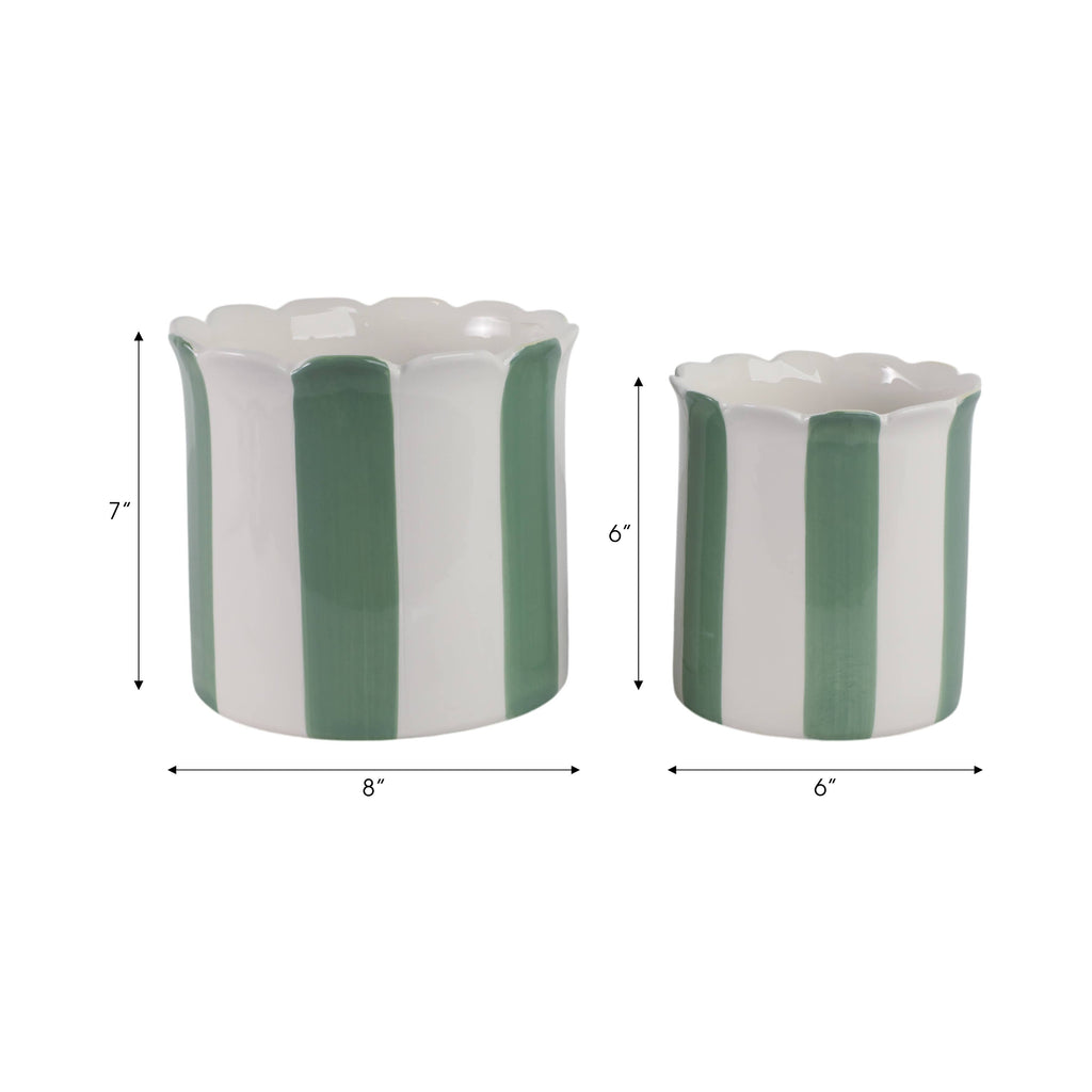 Planters  - Green/White Ceramic Striped, 6 in