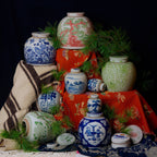 Blue & White Porcelain Bird & Flower Med. Round Storage Jar