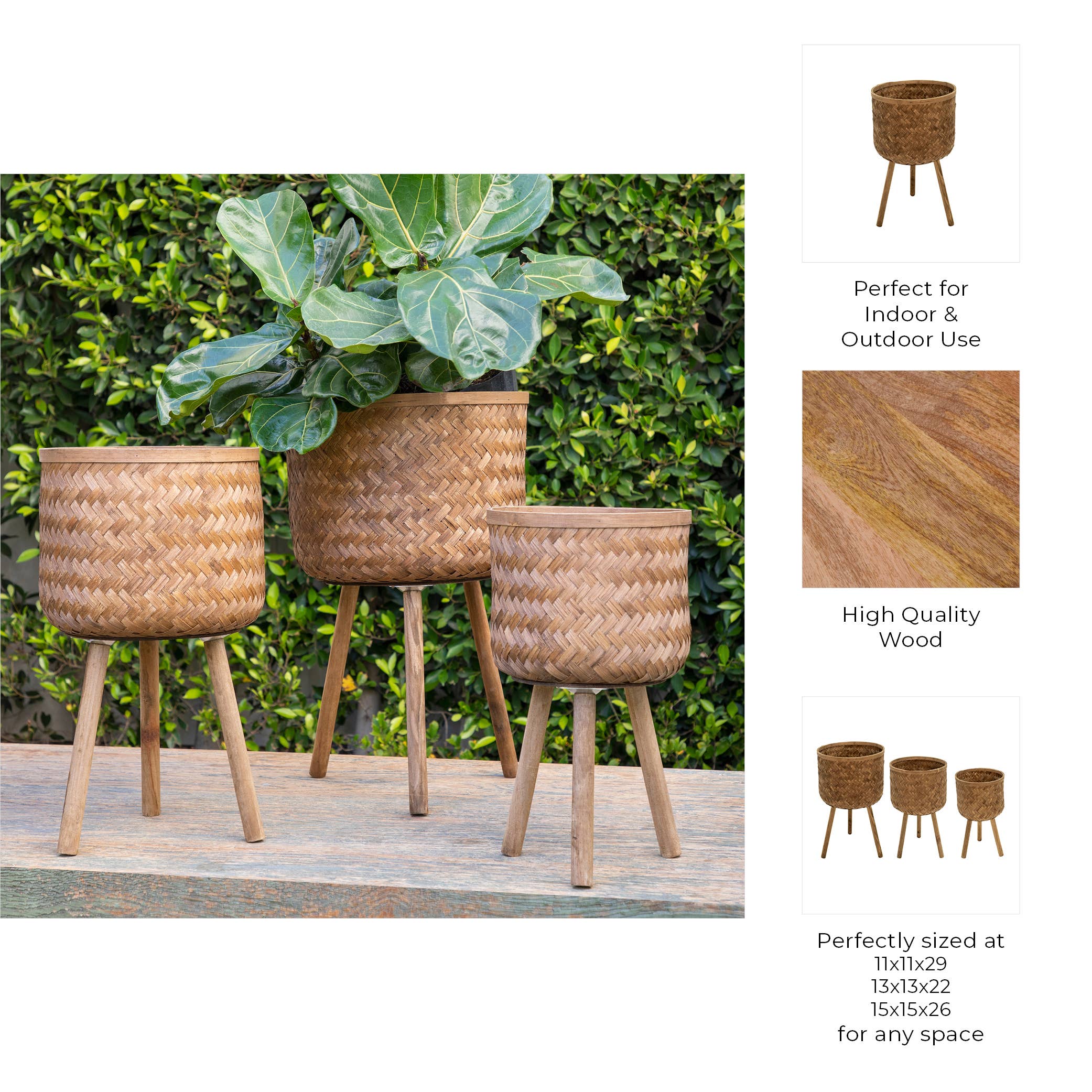 Planter Set of 3 - Brown Bamboo Wood Wicker, 11/13/15 in.