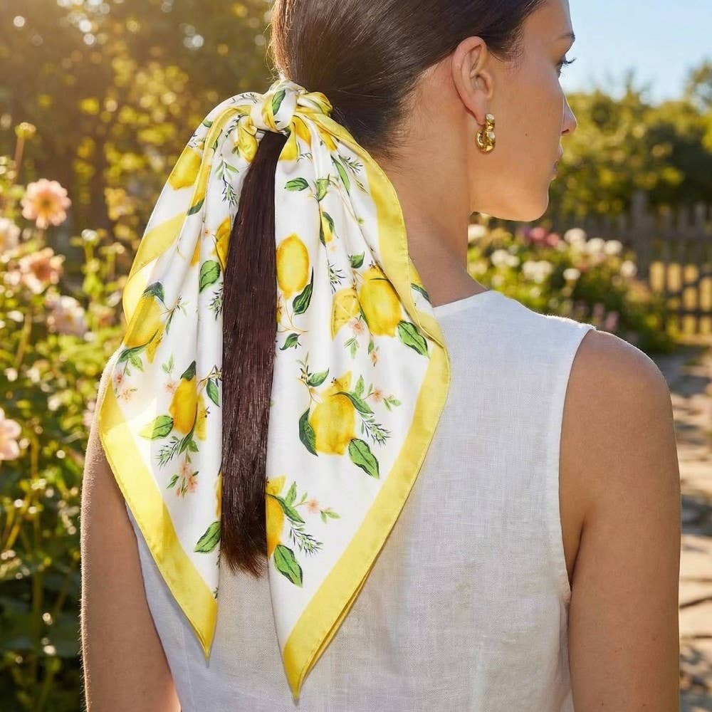 Lemons And Flowers Print Square Bandana Scarf: YE
