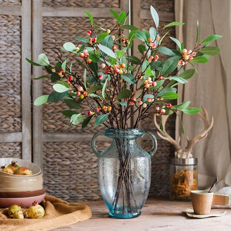 Artificial Fruit Snow Berry Leaf Stem 28" Tall Silk Plant: Red / Three Stems
