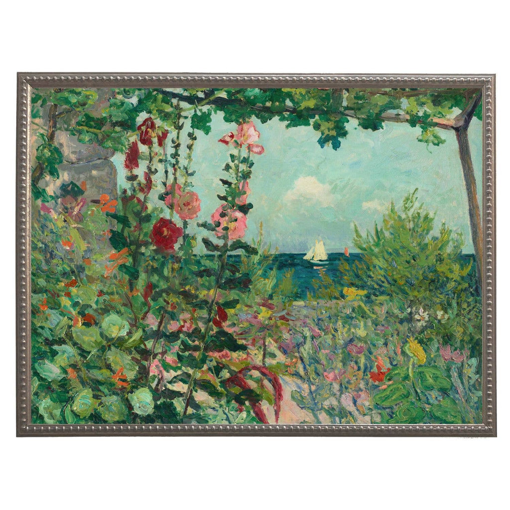 Painting of flowers by ocean: Beaded gold frame 1315-70 / 16" X 12"