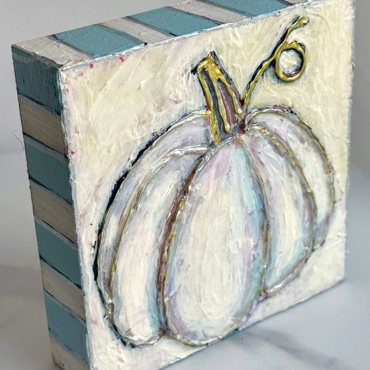 Pastel White Pumpkin Textured Handpainted Wood Block Art