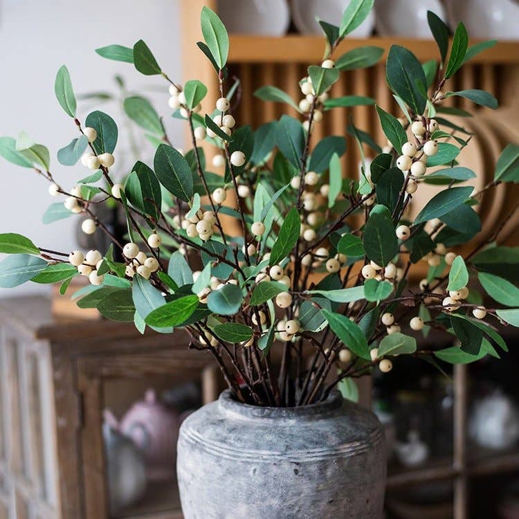 Artificial Fruit Snow Berry Leaf Stem 28" Tall Silk Plant: Red / Three Stems