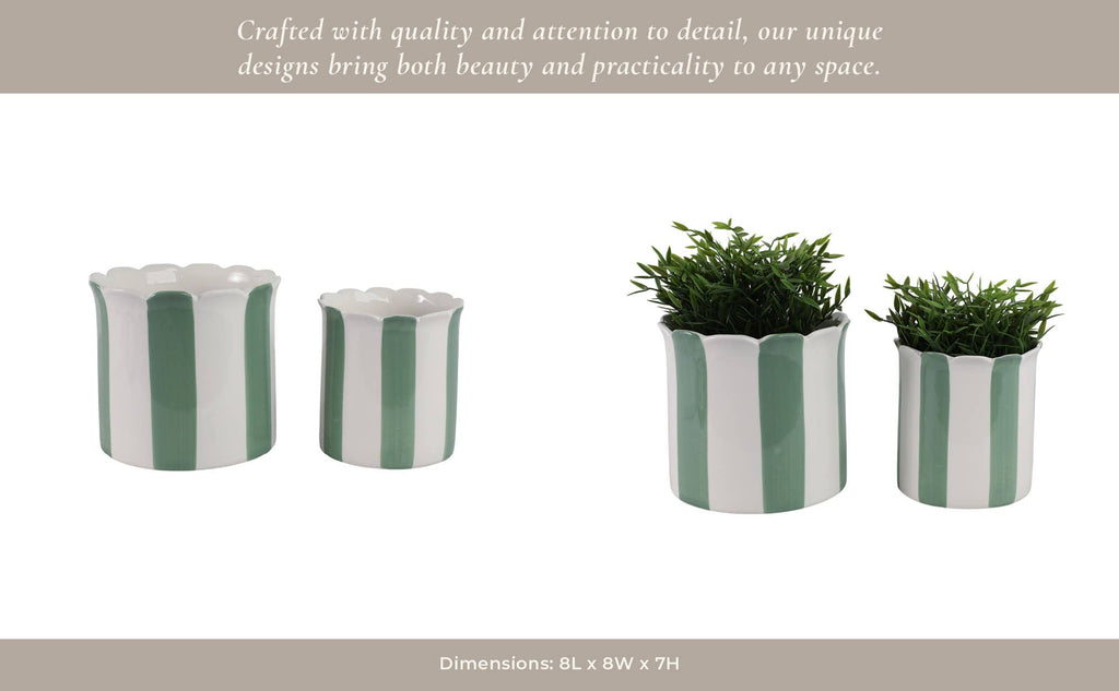 Planters  - Green/White Ceramic Striped, 6 in
