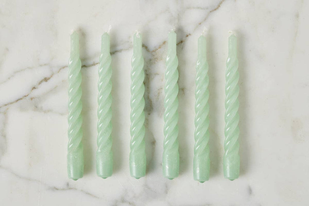 Lacquered Twisted Taper Candles, Sage Green, Boxed, Set of 6