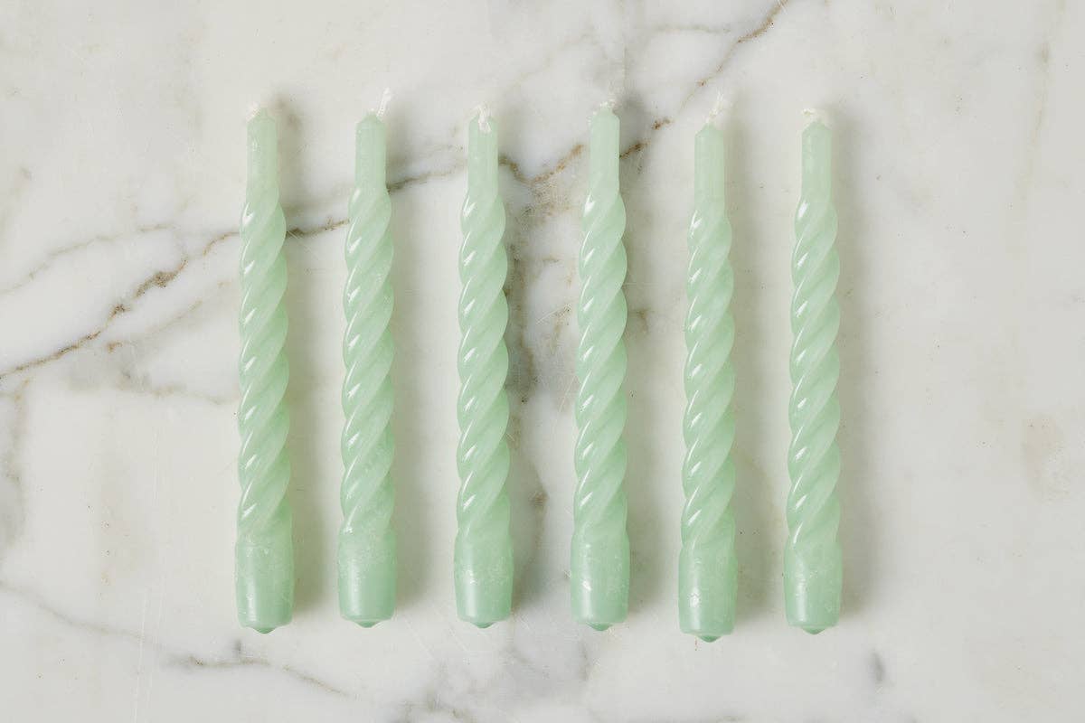 Lacquered Twisted Taper Candles, Sage Green, Boxed, Set of 6