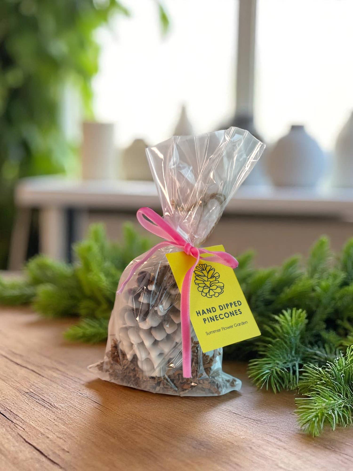 Wax Coated Pinecones | Hand Dipped | Scented Flameless Decor: Mountain Forest (Green Tag)
