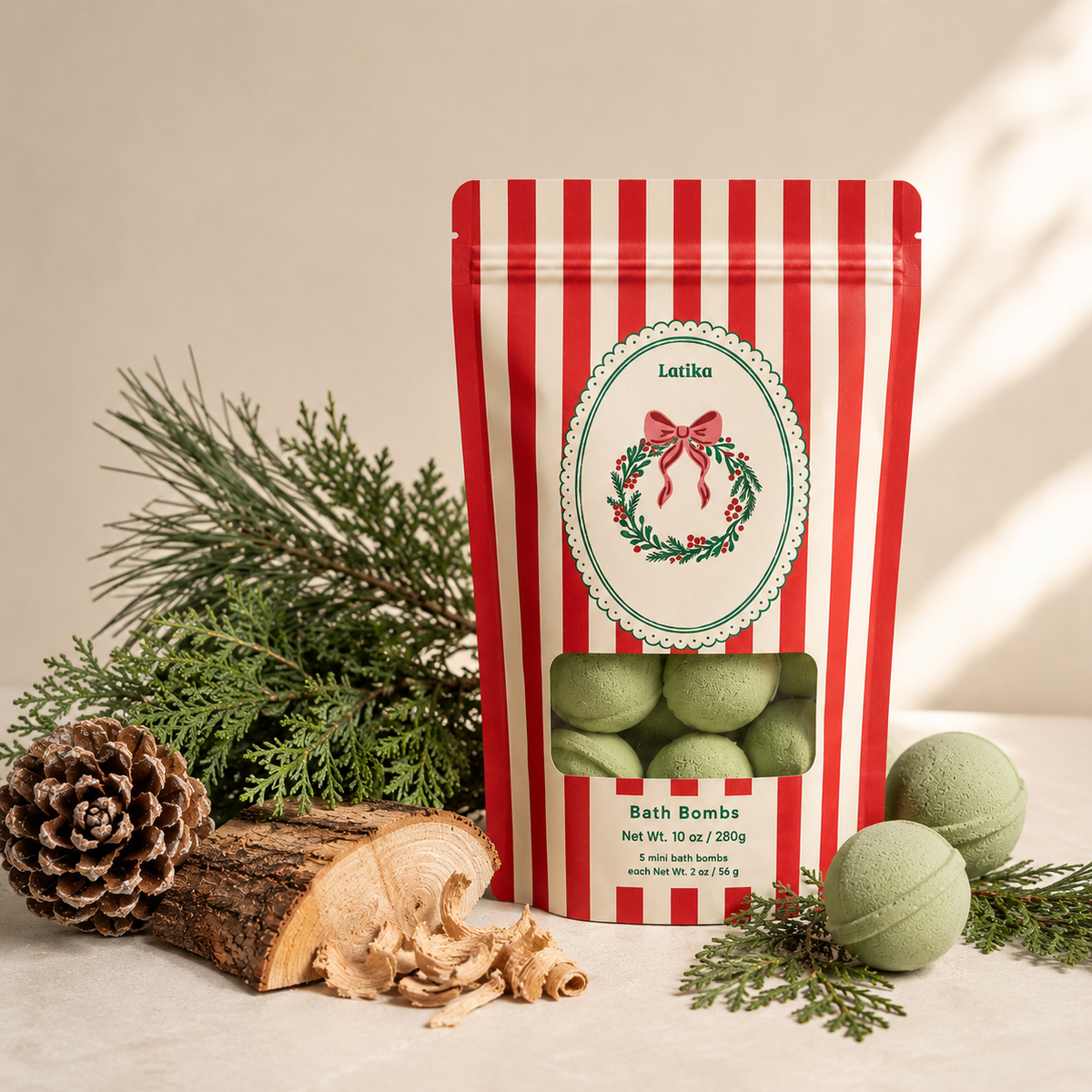 Mini Bath Bombs Gift Bag -Wreath Christmas Pine & Cedarwood