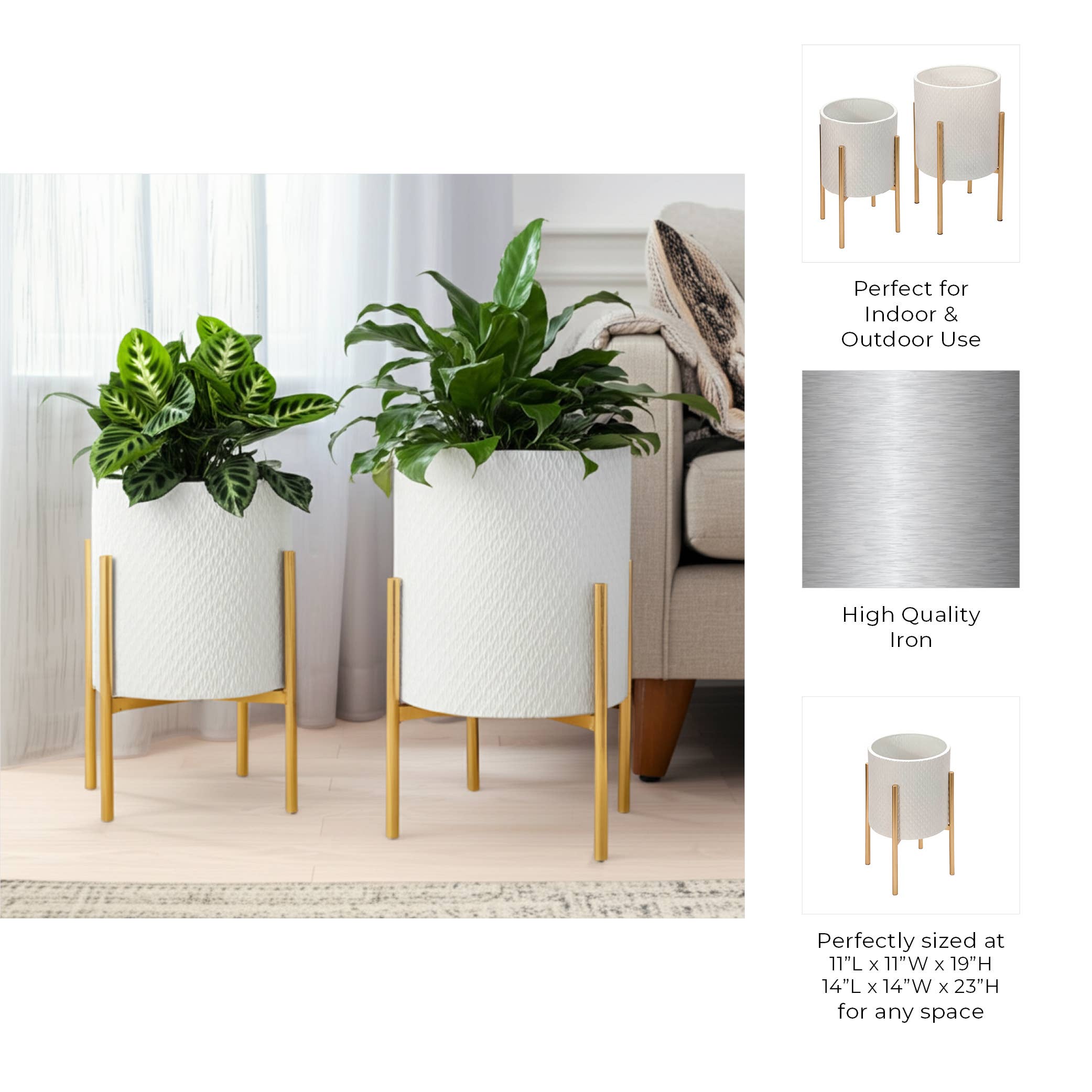 Iron Textured Planters on Stand  White, 11"