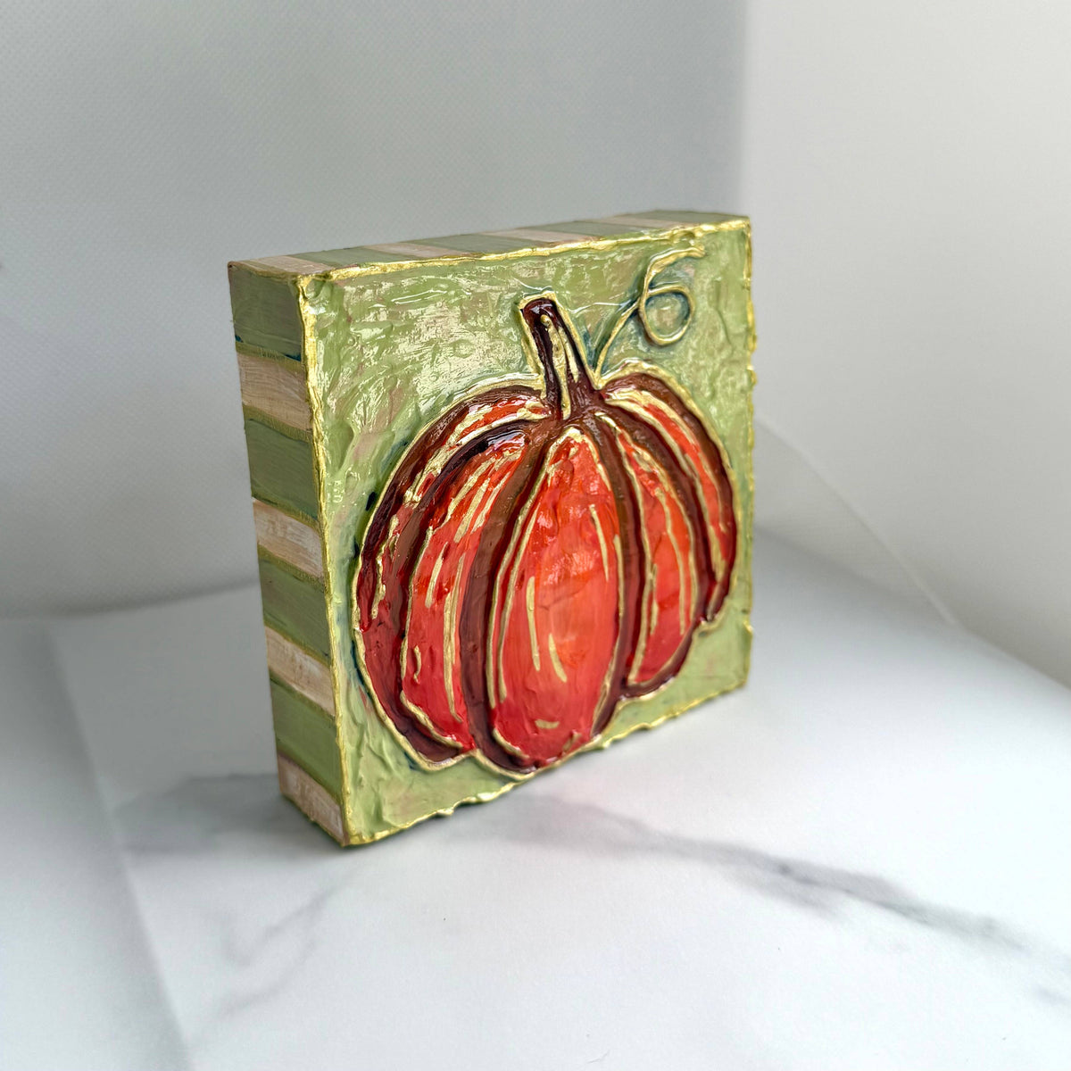 Orange Pumpkin Striped Textured Handpainted Wood Block Art⁠