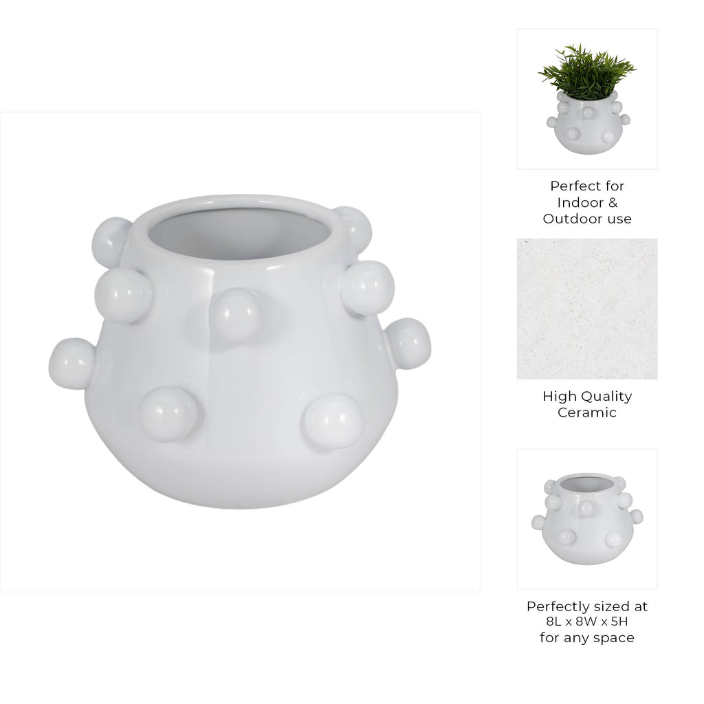 Decorative Planter - White Ceramic Tapered Bubble, 8 in.