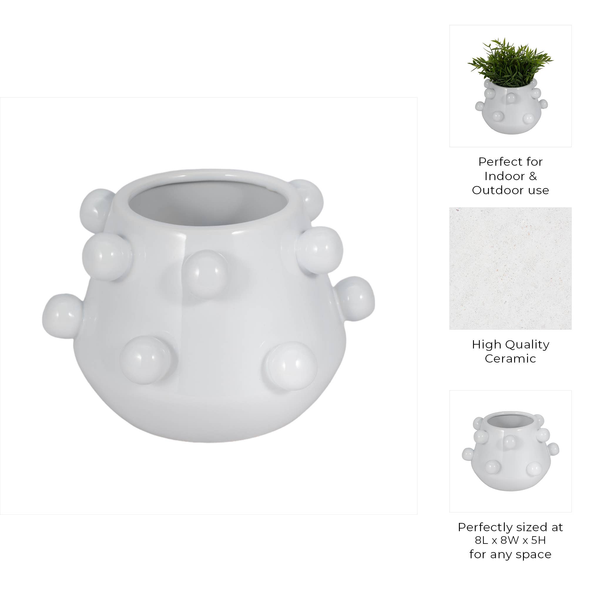 Decorative Planter - White Ceramic Tapered Bubble, 8 in.