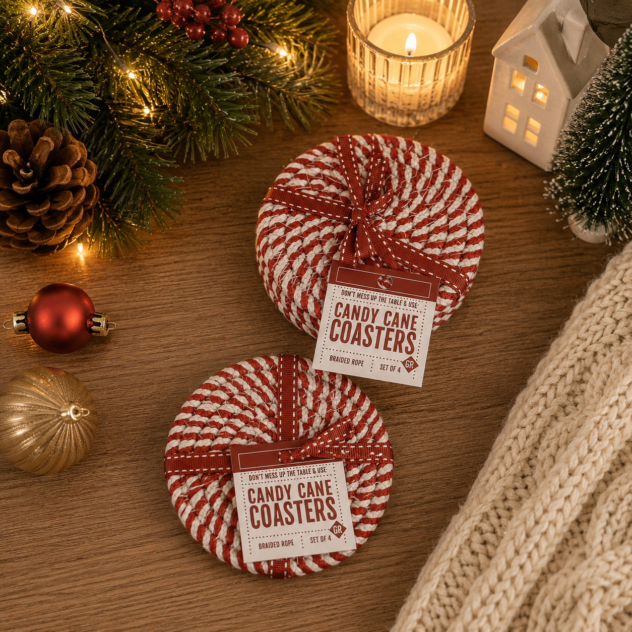 Christmas Coasters, Red Candy Cane Braided Cotton Gift Sets: Red-4pk