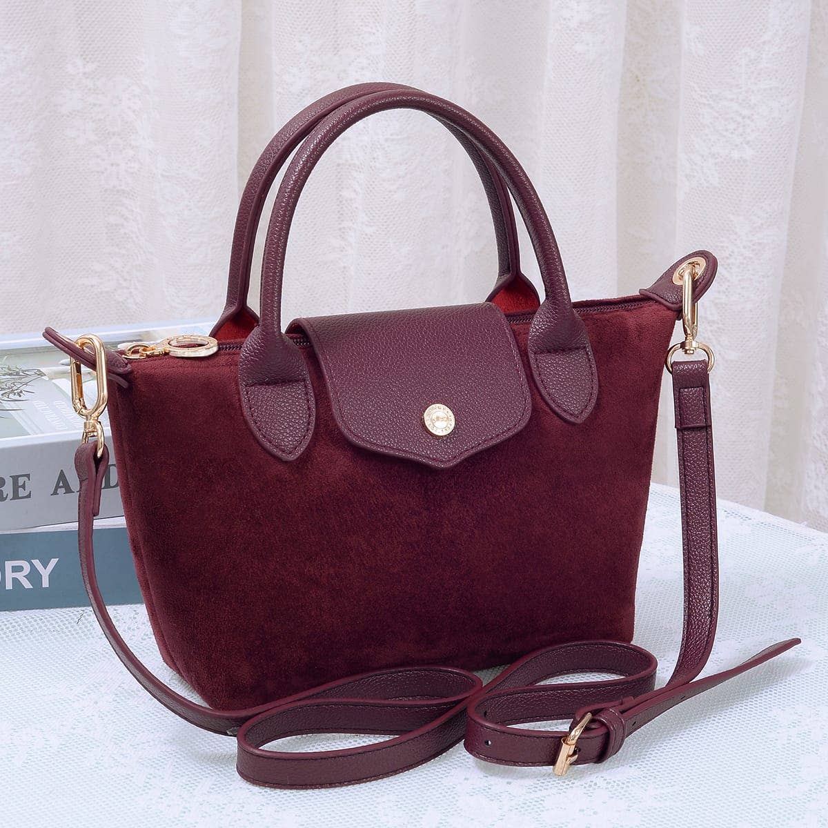 SD782  Britney Suede Double Handle Crossbody Bag: Black
