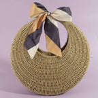 Round Woven Straw Bag With Bow Scarf Accent: CA
