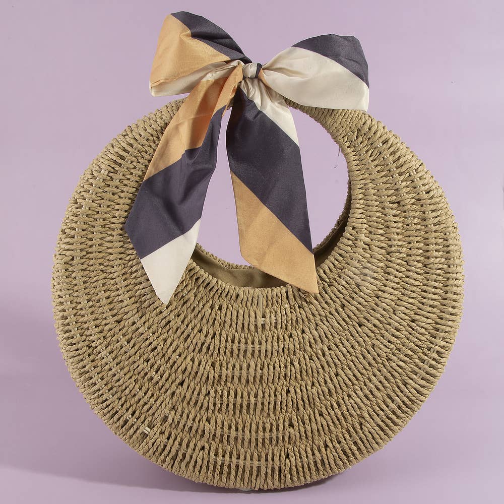 Round Woven Straw Bag With Bow Scarf Accent: CA