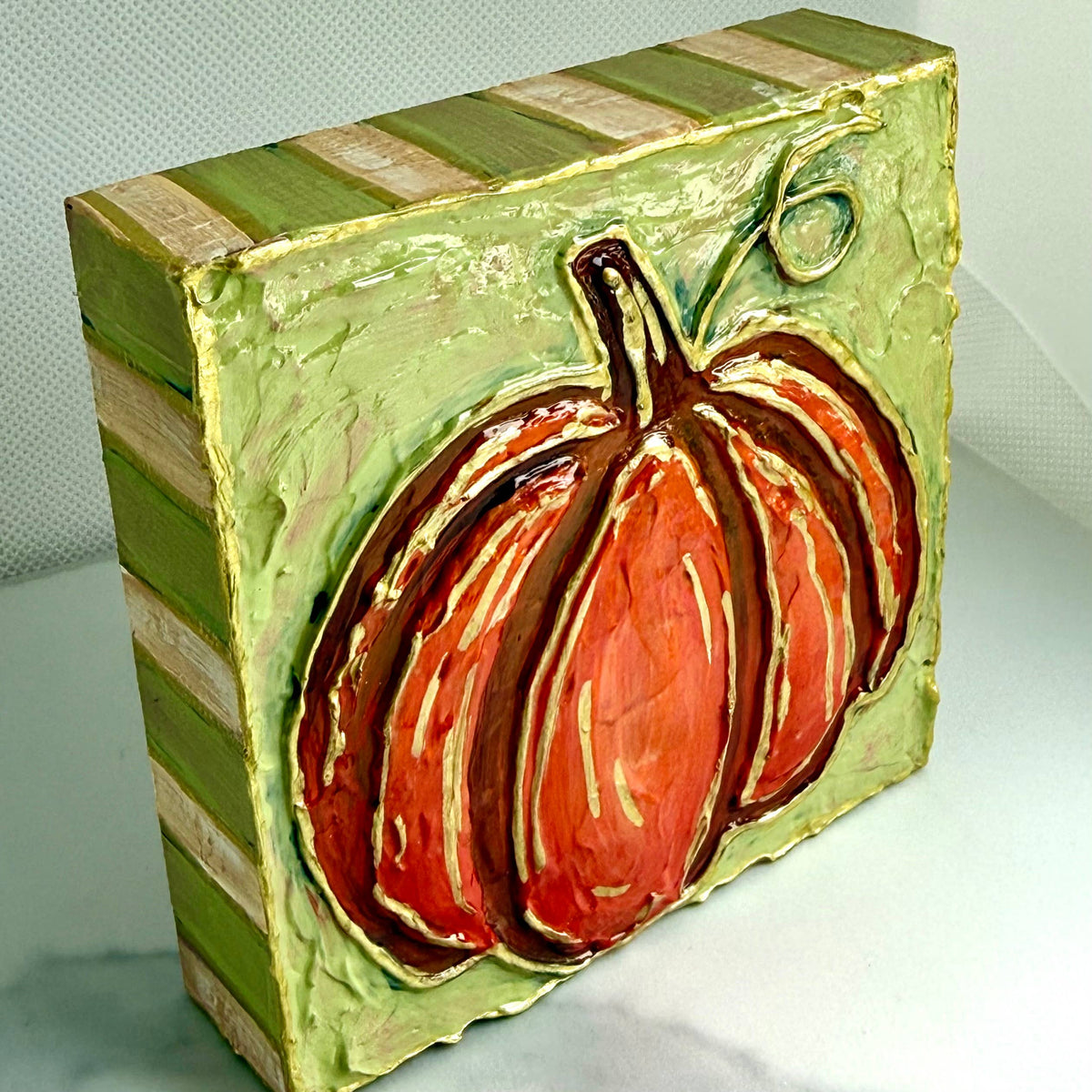 Orange Pumpkin Striped Textured Handpainted Wood Block Art⁠