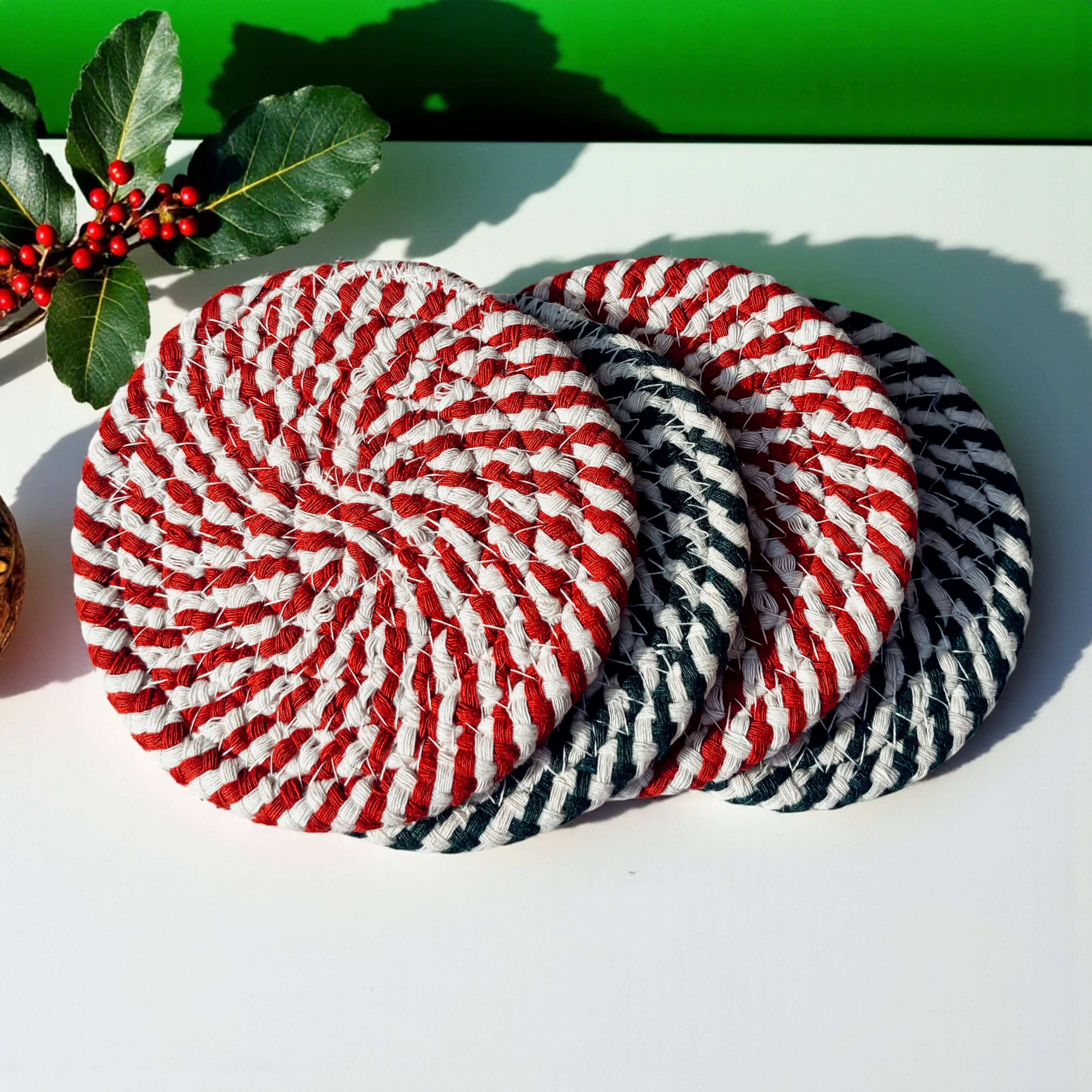 Christmas Coasters, Red Candy Cane Braided Cotton Gift Sets: Green-4pk