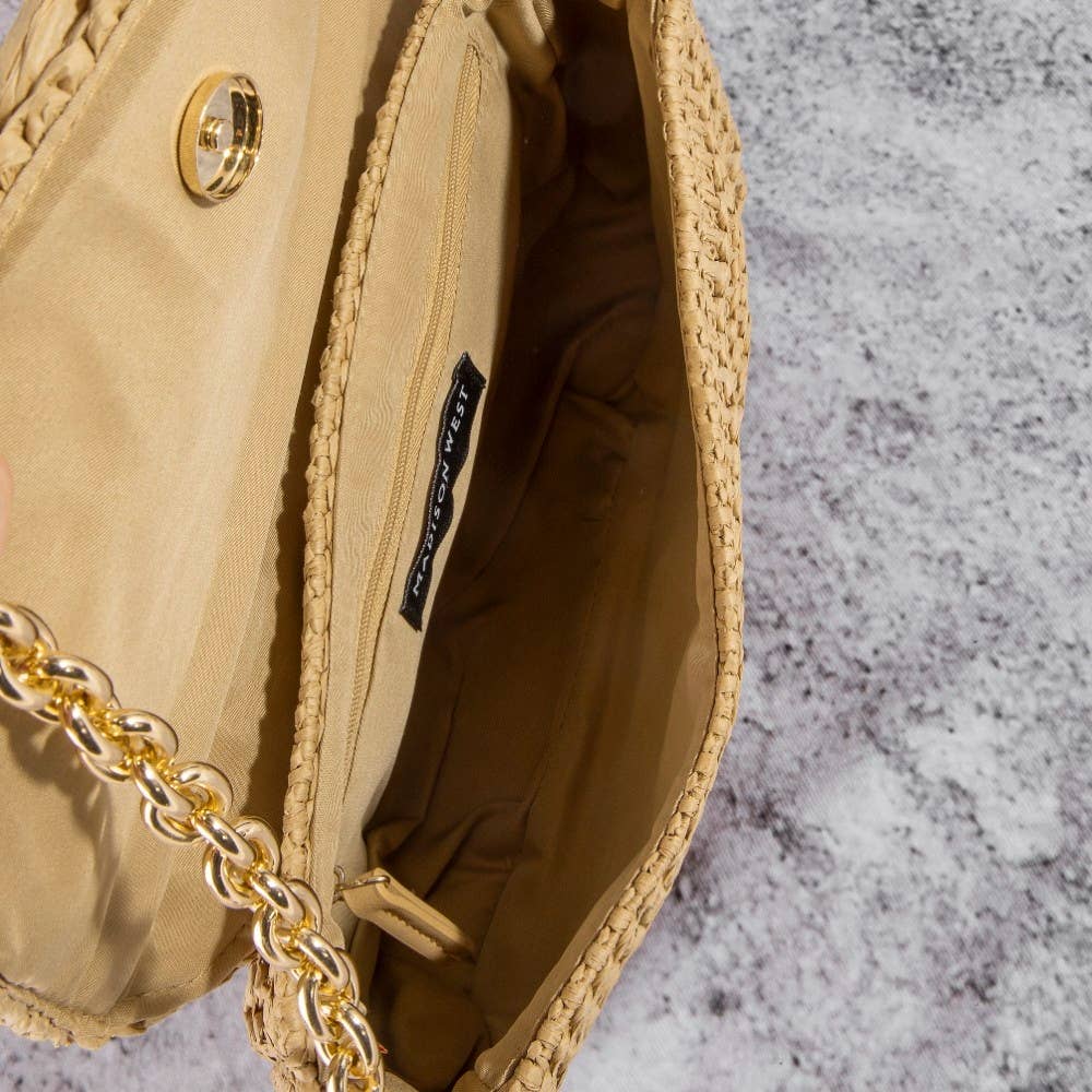 Woven Raffia Flap Shoulder Bag: CAMEL