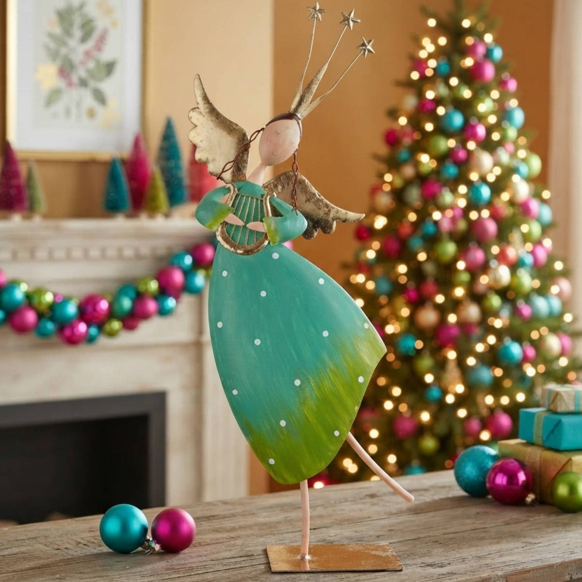 Metal Standing Whimsical Angel w/ Harp 22.5"