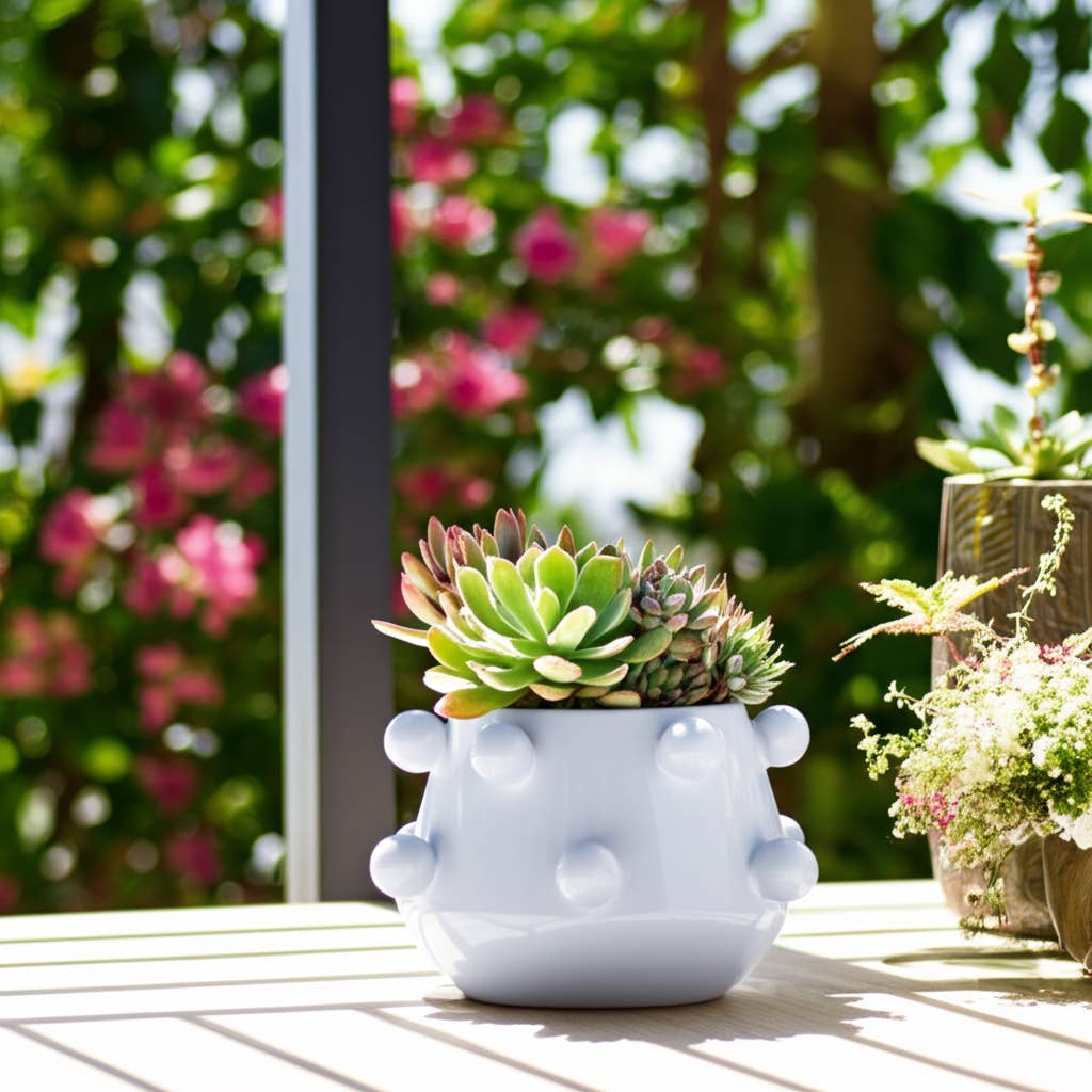 Decorative Planter - White Ceramic Tapered Bubble, 8 in.