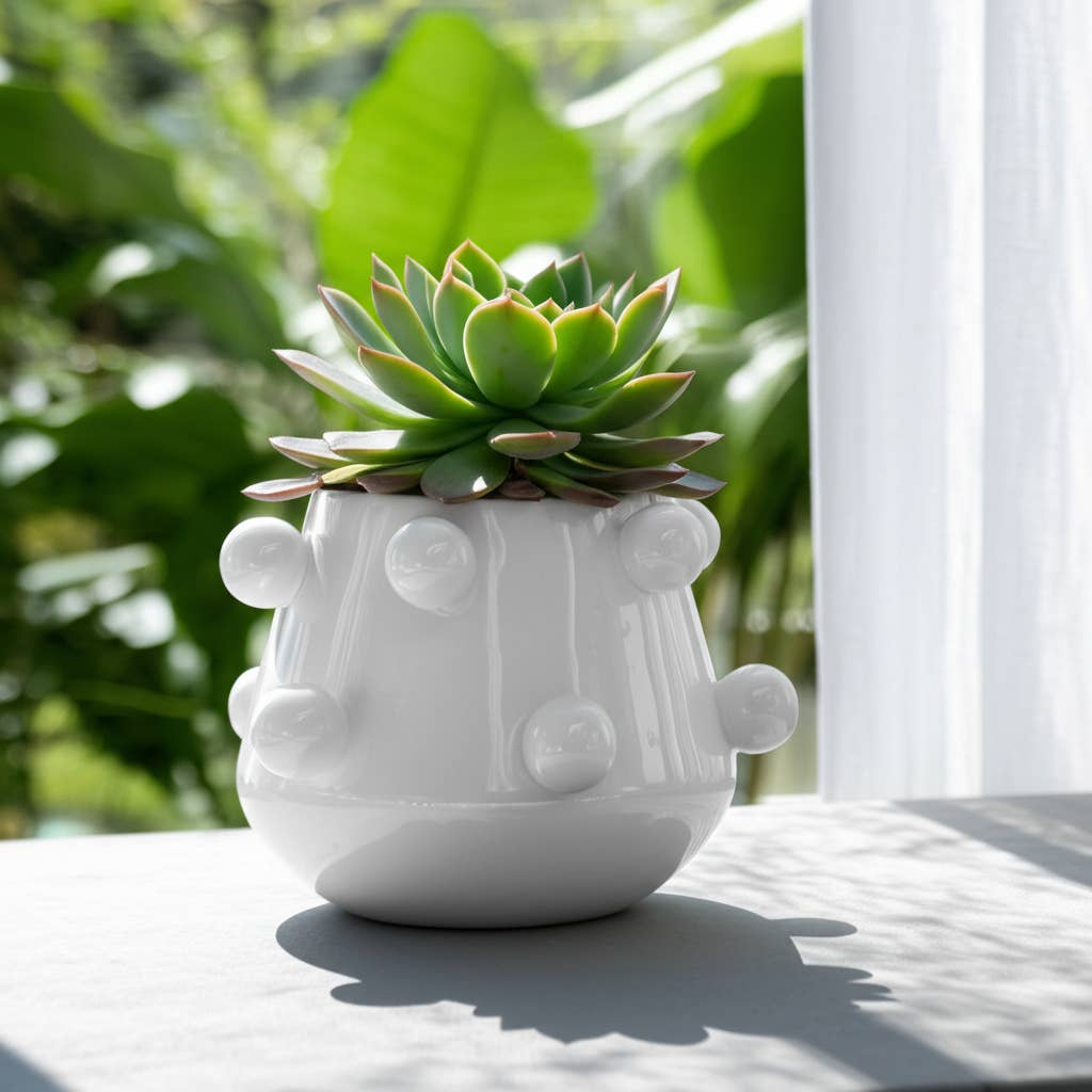Decorative Planter - White Ceramic Tapered Bubble, 8 in.